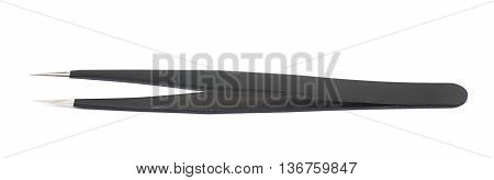 Black metal anti-static tweezers tool isolated over the white background