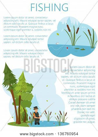a man in waders fish in the pond. a man fishes in the pond at the bait. vector