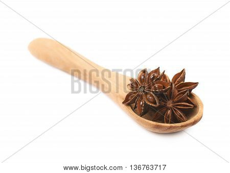 Chinese star anise seed served in a wooden spoon, composition isolated over the white background