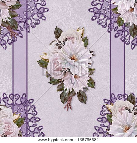 Pattern seamless. Old style. bouquet of flowers and pastel pink roses dahlia. Floral background. Fine weaving lace mosaic.