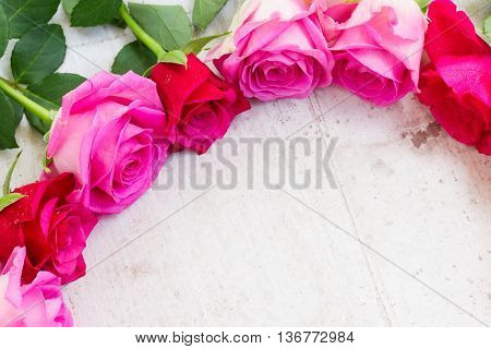 Pink fresh roses border on white woodenbackground