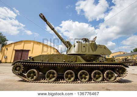ZHITOMIR UKRAINE - MAY 23 2016 : Russian battle tank close up: self-propelled armored artillery howitzer 122mm howitzer 2C1 Gvozdika