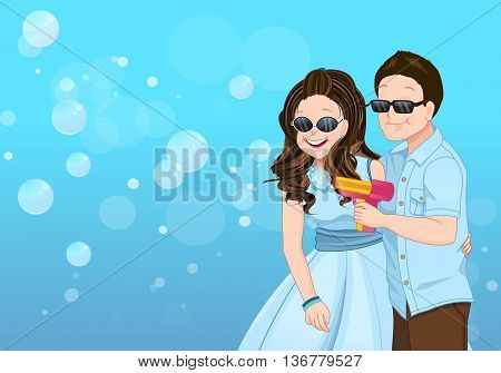 Playful couple cartoon with soap bubble guns and happy face