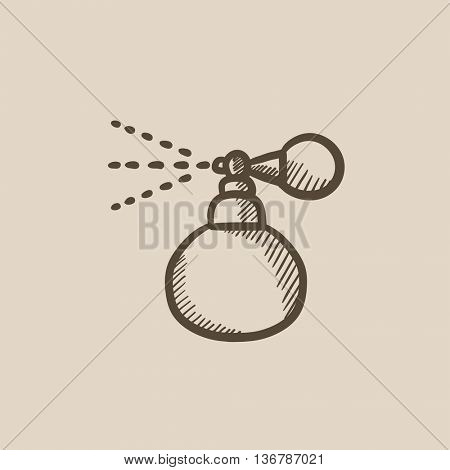 Perfume bottle spraying vector sketch icon isolated on background. Hand drawn Perfume bottle spraying icon. Perfume bottle spraying sketch icon for infographic, website or app.