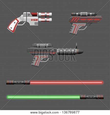 Guns set. Video game weapons. Virtual reality device collection. Light swords. Vector illustration
