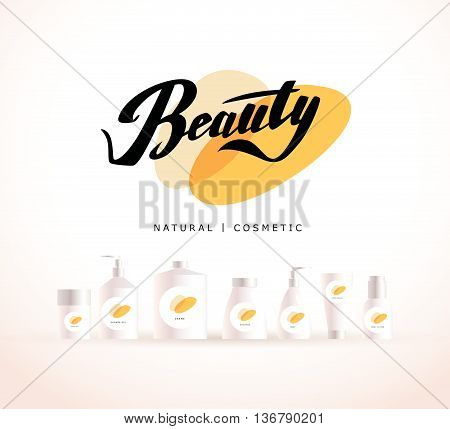 Vector cosmetic insignia isolated on white background. Eco product brand mark. Cosmetic label design template. Cosmetic beauty logo.Different cosmetic products. Bottle, tube, can, comb, spay, package.
