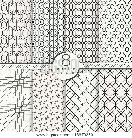 Set of eight seamless patterns. Modern stylish textures. Regularly repeating geometrical patterns with hexagonal geometric shapes. Vector element of graphic design