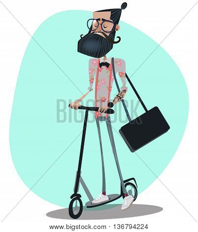 Hipster man rides a kick scooter vector illustration