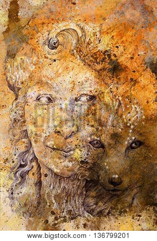Wise shamanic woman forest goddess, with a second nature of a fox, beautiful monochromatic detailed linear drawing, with leaves and ornamental structures, eye contact