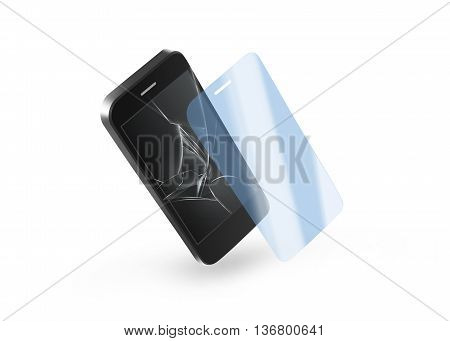 Phone protection glass with broken screen 3D illustration. Smartphone display protector crack. Mock up protected from damage protective film. Safety clear insure from scratch. Protect from crash presentation.
