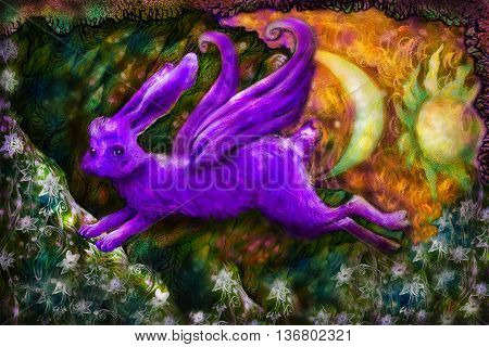 violett flying dreamy rabbit in fairy-tale land, illustration.