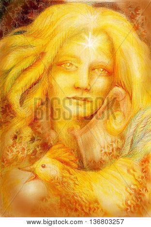 golden fairy girl with harp and rooster, drawing.