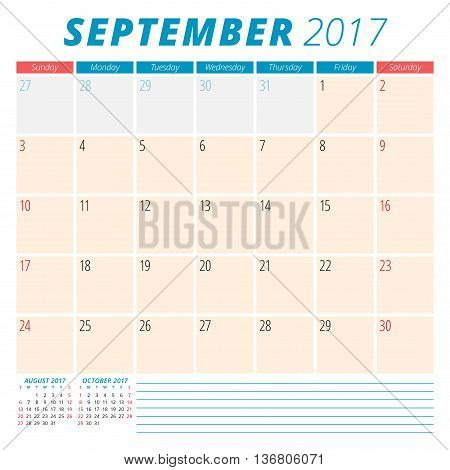 September 2017. Calendar Planner For 2017 Year. Week Starts Sunday. Stationery Design. 3 Months On P