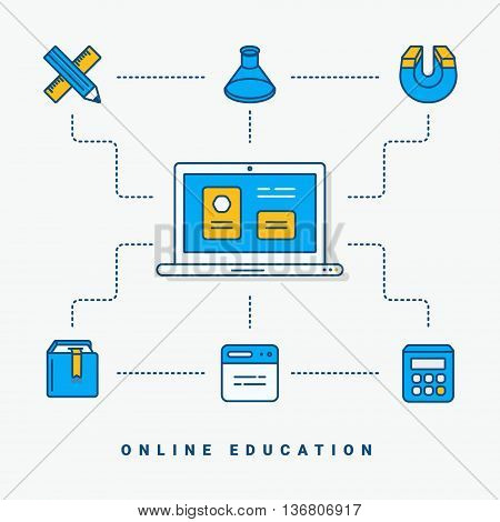 Vector flat conceptual illustration. Online education. Vector thin line illustration for website banner template or header