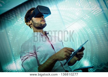 Spiral of shiny binary code against businessma