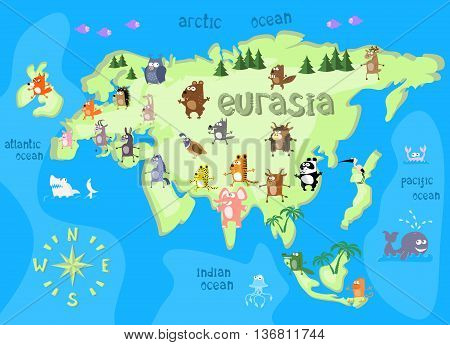 Concept design map of eurasian continent with animals drawing in funny cartoon style for kids and preschool education. Vector illustration