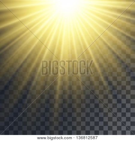 Sun rays effect. Yellow beams blurred and thin on transparent like background.