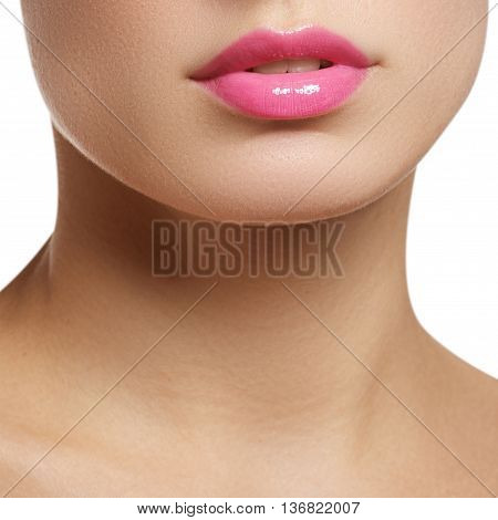 Beautiful Full Pink Lips. Lipstick. Professional Make-up
