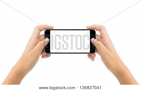 woman hand holding phone isolated white background cutout clipping path