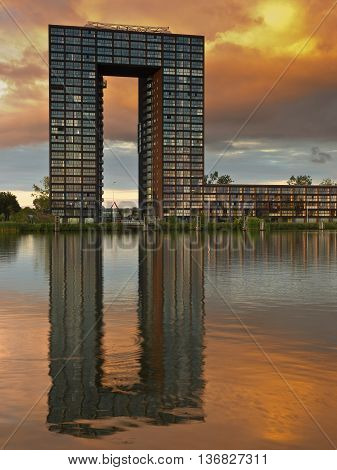 Famous Landmark of Groningen city. The Tasman arch tower apartment complex.