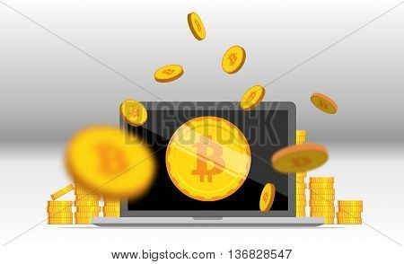 Bitcoin mining equipment. Digital Bitcoin. Golden coin with Bitcoin symbol. Flat isometric coins bitcoin concept.