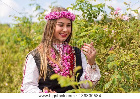 Bulgarian girl dressed in traditional dress picking roses during the Annual Rose Festival in Kazanlak Bulgaria