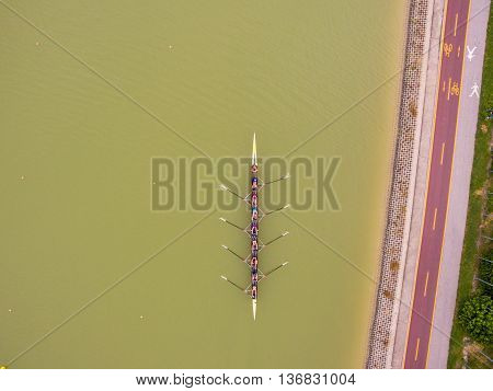 Eight Rowing Team Boat Aerial View