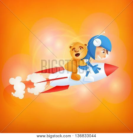 Spaceman boy with teddy bear on rocket. Vector illustration