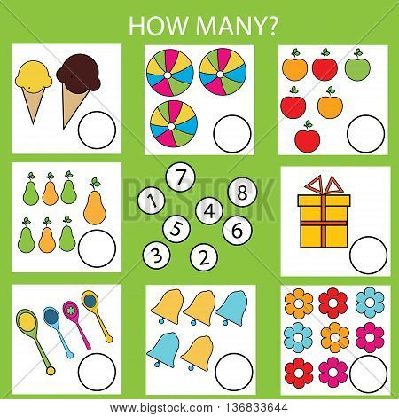 Counting educational children game. How many objects task. Learning mathematics numbers
