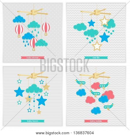Baby shower invitation template. Illustration of baby mobile: stars clouds airplanes and balloons. Isolated baby mobile for scrap booking cards baby shower. Vector baby mobile set.
