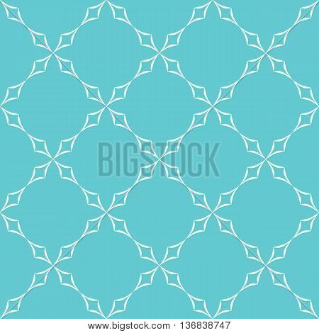 Abstract geometric pattern. Trellis of white curved diamonds on light blue background. Seamless repeat.