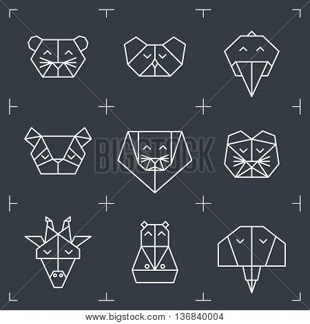 Front view animal heads. Animal triangle icons. Vector polygonal animals. Geometric line design icons. Vector polygonal animals for tattoo. Jungle animals collection.