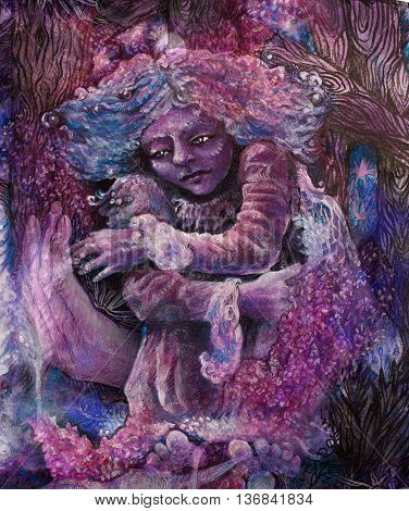 lilac flower fairy sitting on a violett hand.