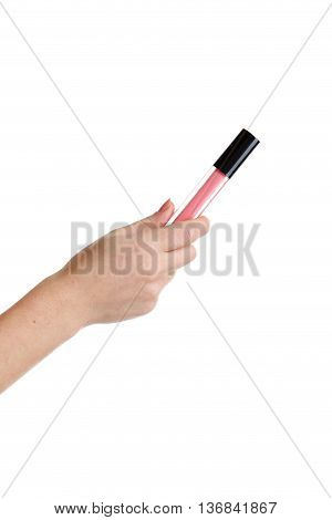 Female Hand With Lip Gloss Isolated On White