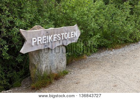 Sign of Preikestolen showing the way to the Pulpit Rock in Rogaland Norway.