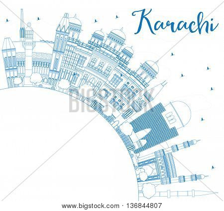 Outline Karachi Skyline with Blue Landmarks and Copy Space. Business Travel and Tourism Concept with Historic Buildings. Image for Presentation Banner Placard and Web Site.