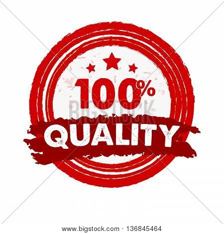 100 percentages quality and stars - text in red grunge drawn round banner with symbol, retro style label, business concept sign, vector