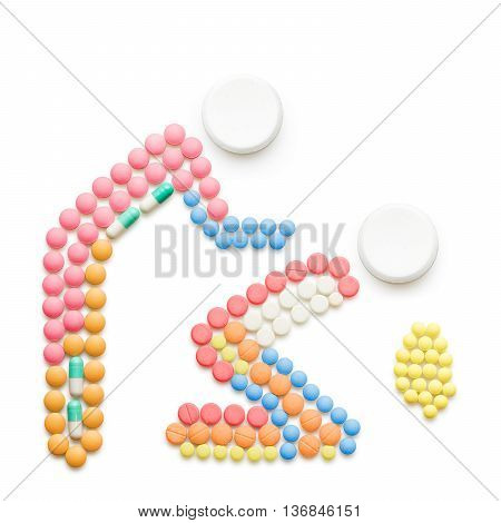 Creative health concept made of drugs and pills isolated on white. Person helping a vomiting one.