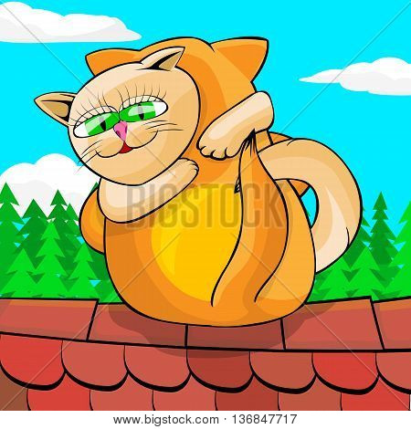 Red and white cats cuddling on tiled roof. Cats are sitting on the background of the sky above their heads clouds float. Cartoon vector illustration.