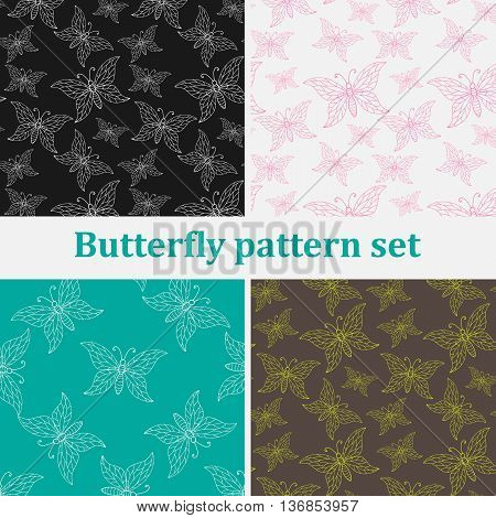 Set of seamless backgrounds with hand drawn colorful butterflies
