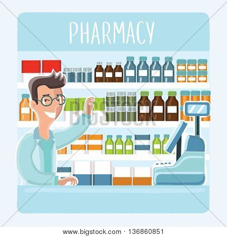 Vector illustration of cartoon pharmacist in glasses behind counter at pharmacy on background of shelves with medications