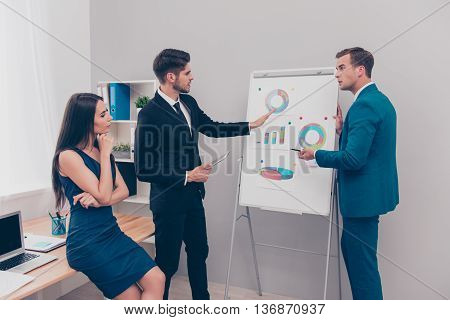 Young Man Showing Diagrama On Flipchart  To His Colleagues