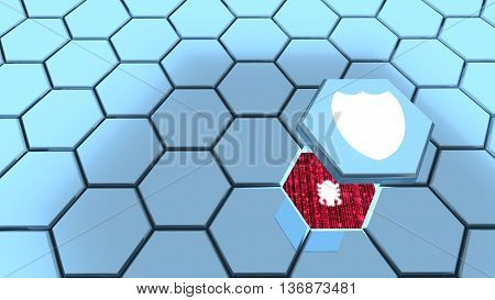 Hexagon grid in blue one piece with shield flying above revealing a computer bug 3D illustration backdoor concept