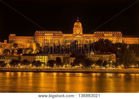 Buda Castle Danube River Reflection Budapest Hungary. Buda Castle was first built in 1242 and enlarged by Empress Maria Theresa in the 1700s.