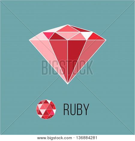 Ruby flat icon with top view. Rich luxury symbol. Stock vector illustration