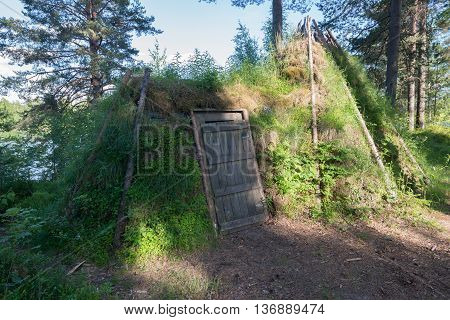 An old historic houses with grassroofs in Elverum, Norway