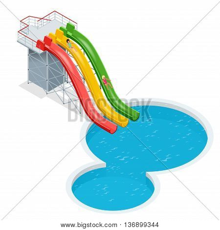 Water slides isolated on a white background. Flat 3d isometric illustration. Water amusement park playground.