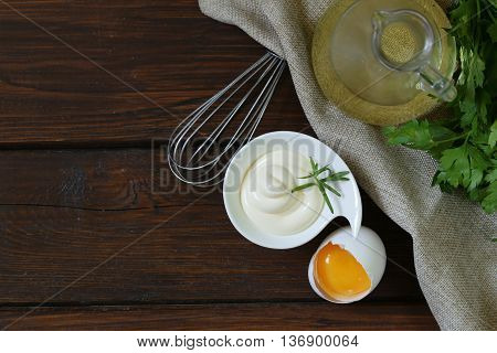 Natural homemade mayonnaise with egg yolk and vegetable oil