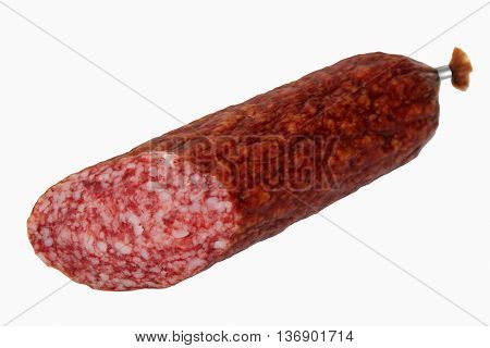 A piece of smoked sausage isolated on white background.