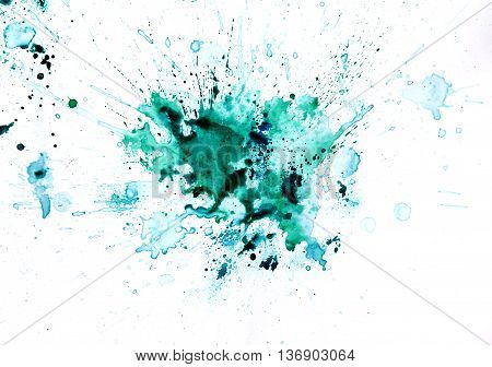 Green bluea watercolour splatter. Blue ink spot blotch isolated. Beautiful watercolor smudges